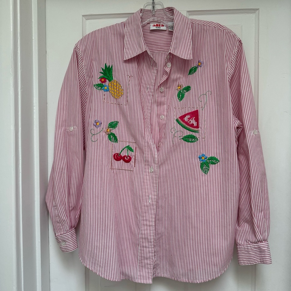 Vintage Pink Striped Shirt with Fruit Embroidery Medium